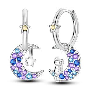Cat Moon Pendant Hoop Earrings Multi-Colored CZ Stones‎ S925 Sterling Sil…